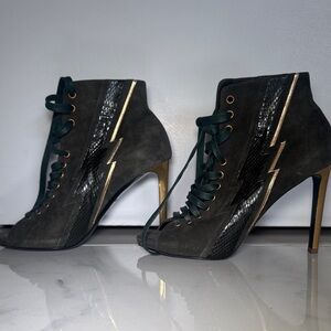 Roberto Cavalli Green Suede Lace Up Booties Gold Lightning Bolt Size EU 40